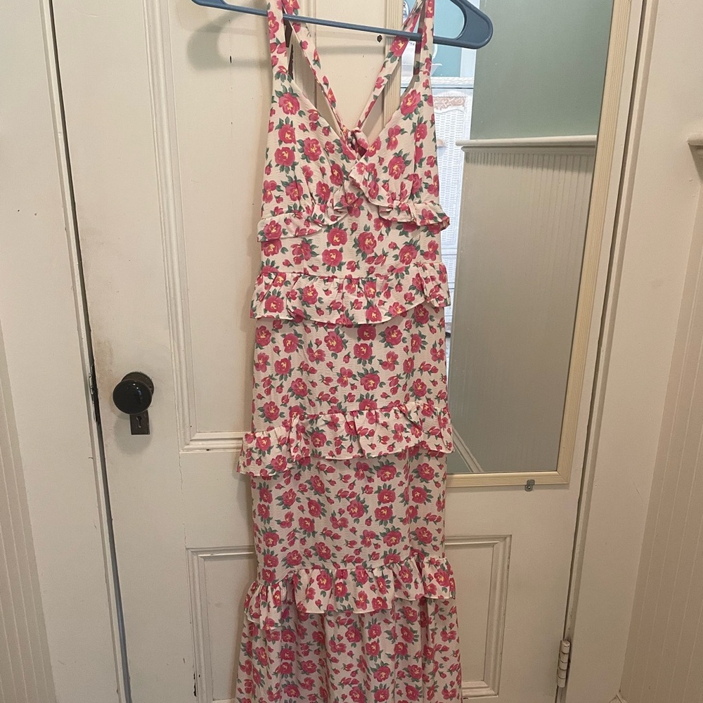 Lush Pink and Green Floral Tiered Maxi Dress